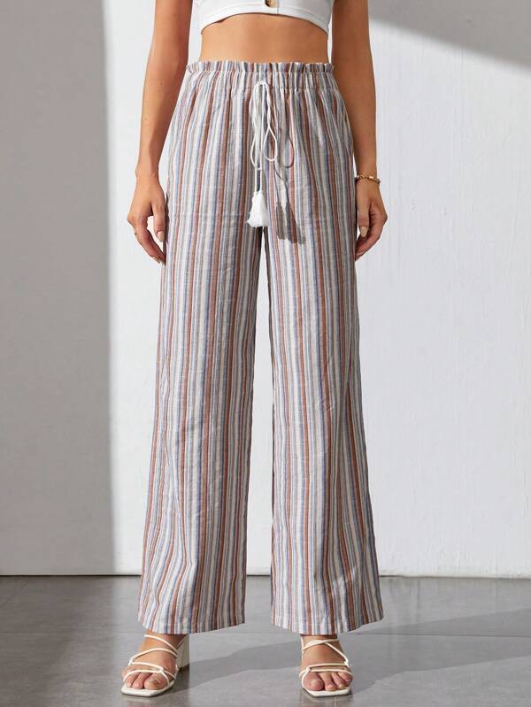 SHEIN Tall Pantaloni largi cu ciucuri cu imprimeu în dungi