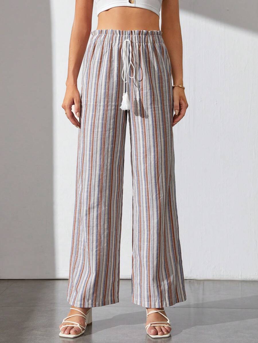 SHEIN Tall Striped Print Tassel Tie Waist Wide Leg Pants - Multicolor - View 1