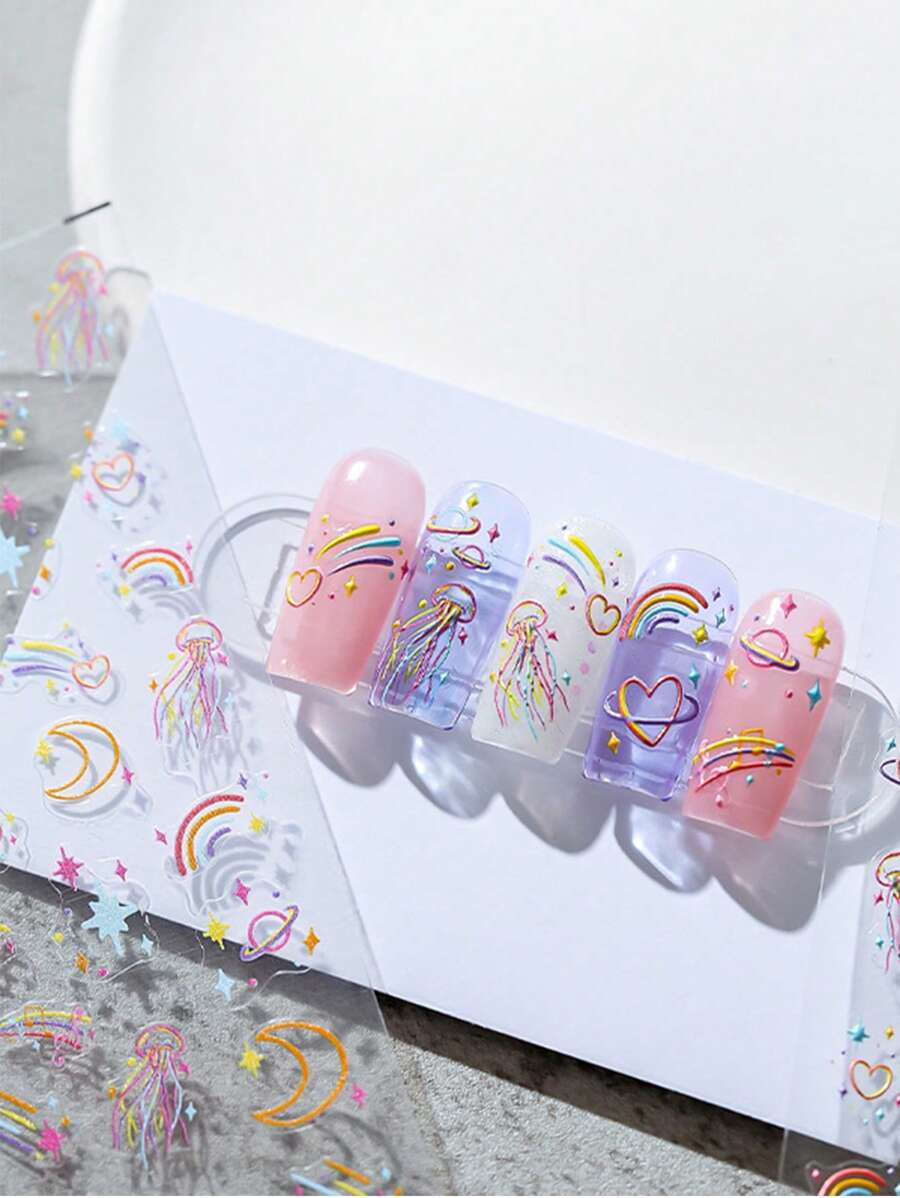Calcomanía para decoración de uñas con medusas arcoíris de caramelo, 1 hoja de pegatina autoadhesiva para decoración de uñas con relieve 3D de estrella de mar oceánica y Luna - Multicolor - Ver 1