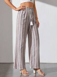 SHEIN Tall Striped Print Tassel Tie Waist Wide Leg Pants - Multicolor - View 3