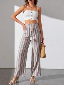 SHEIN Tall Striped Print Tassel Tie Waist Wide Leg Pants - Multicolor - View 4