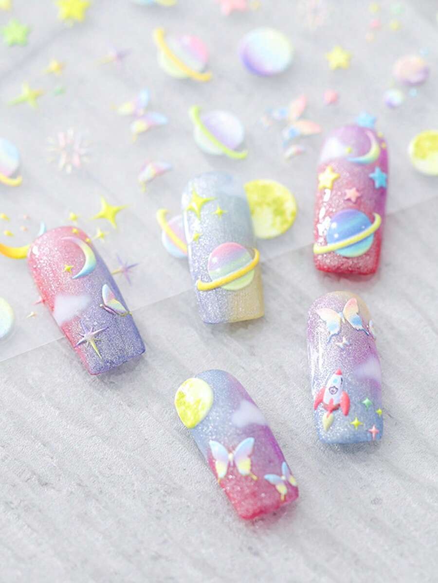 1 Pieza Calcomanía De Uñas De Relieve 5d Con Diseño De Planeta De Cristal, Calcomanía Autoadhesiva Delgada Y Flexible Para Decoración De Uñas, Adecuada Para Niñas Y Mujeres