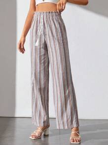 SHEIN Tall Striped Print Tassel Tie Waist Wide Leg Pants - Multicolor - View 5