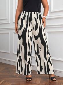 SHEIN Privé Quần Plus Size Xù nhỏ Xếp li Tất cả trên in Giải trí - Đen và trắng - Xem 1