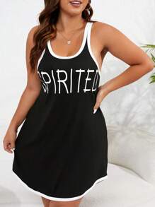 大碼字母圖案撞色滾邊睡裙 - 黑色 - 查看 4