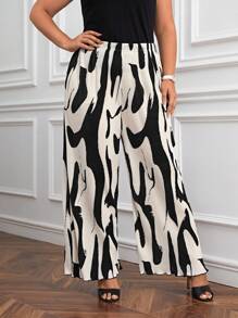 SHEIN Privé Quần Plus Size Xù nhỏ Xếp li Tất cả trên in Giải trí - Đen và trắng - Xem 3