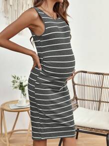 SHEIN Maternity Striped Print Tank Dress - Dark Grey - View 3