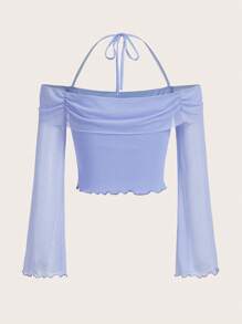 SHEIN ICON Solid Ruched Halter Neck Lettuce Trim Tie Backless Trumpet Sleeve Mesh Crop Top - Violet Purple - View 2