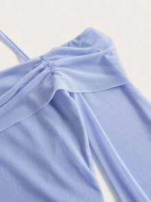 SHEIN ICON Solid Ruched Halter Neck Lettuce Trim Tie Backless Trumpet Sleeve Mesh Crop Top - Violet Purple - View 3