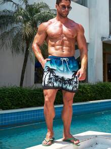 Manfinity 男士椰子樹圖案腰部抽繩泳褲 - 彩色 - 查看 3