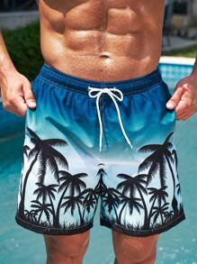 Manfinity 男士椰子樹圖案腰部抽繩泳褲 - 彩色 - 查看 4