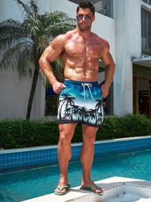 Manfinity 男士椰子樹圖案腰部抽繩泳褲 - 彩色 - 查看 5