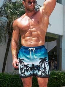 Manfinity 男士椰子樹圖案腰部抽繩泳褲 - 彩色 - 查看 6