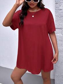 SHEIN Maternity Solid Split Hem Tee & Adjustable Waist Cycling Shorts - Burgundy - View 3