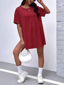 SHEIN Maternity Solid Split Hem Tee & Adjustable Waist Cycling Shorts - Burgundy - View 6