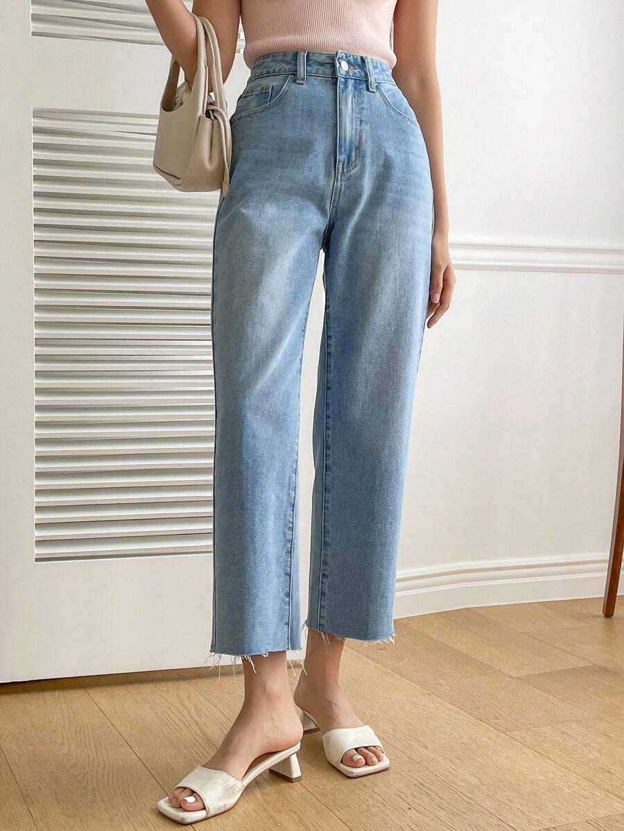 DAZY Solid Raw Hem Straight Leg Jeans - Light Wash - View 1