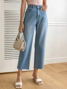 DAZY Solid Raw Hem Straight Leg Jeans - Light Wash - View 4