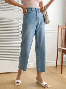 DAZY Solid Raw Hem Straight Leg Jeans - Light Wash - View 5