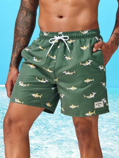 Horizaway Men Shark Print Letter Patched Detail Drawstring Waist Swim Trunks,Hawaiian
