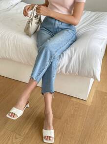 DAZY Solid Raw Hem Straight Leg Jeans - Light Wash - View 8