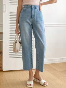 DAZY Solid Raw Hem Straight Leg Jeans - Light Wash - View 9