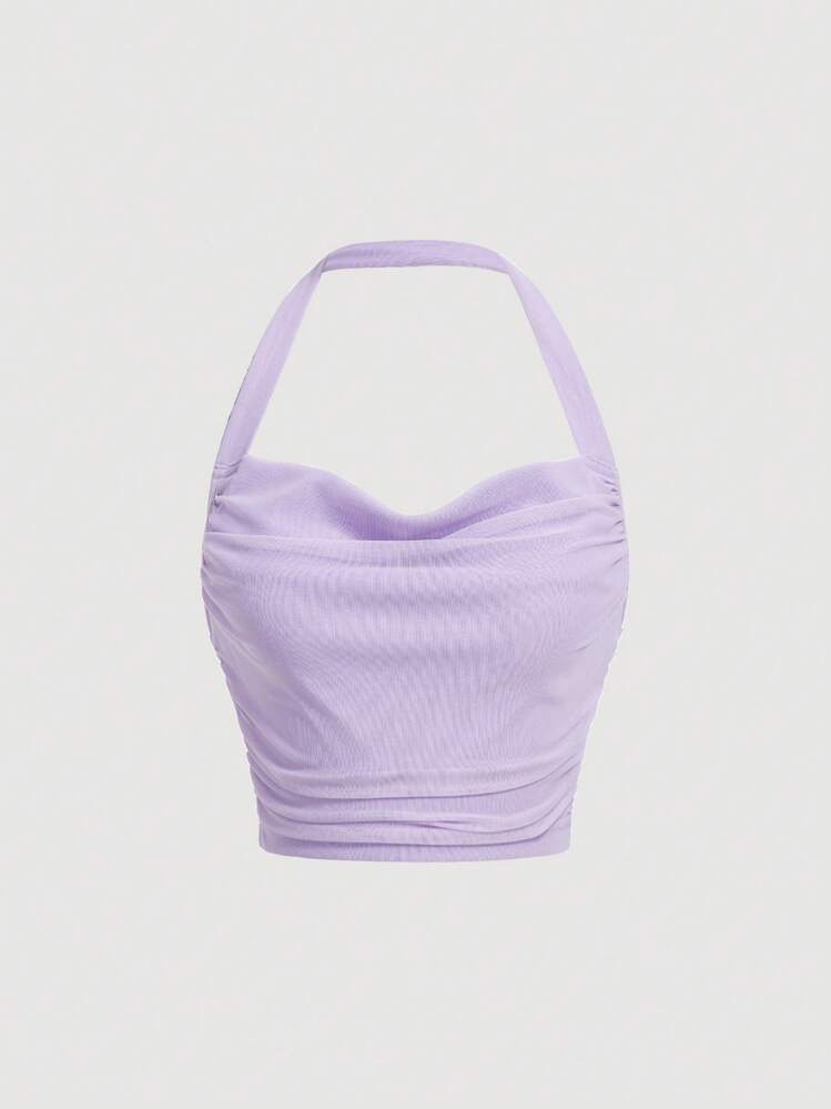 SHEIN MOD Draped Front Ruched Halter Top - Lilac Purple - View 1