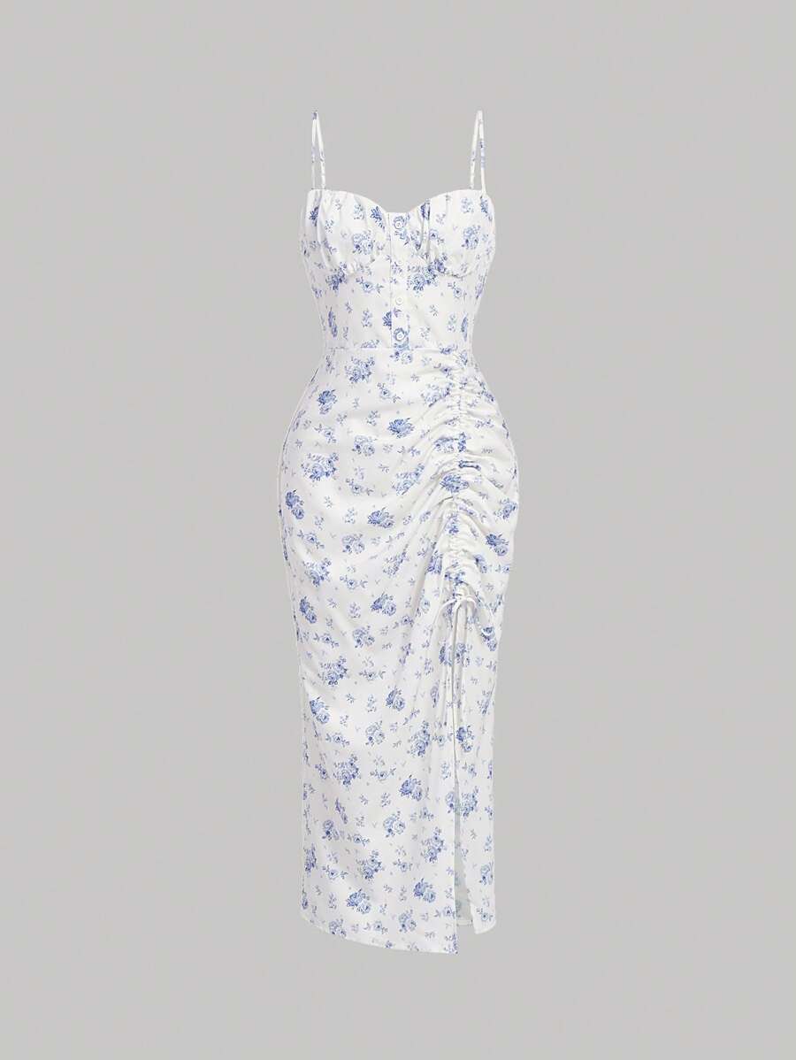 SHEIN MOD Đầm dây rút in hoa toàn thân xẻ đùi Cami dài mùa hè dây đeo vai - Xanh và trắng - Xem 1