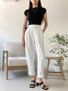 DAZY 實色摺紋細節褲 - 白色 - 查看 3
