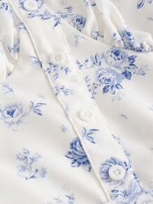 SHEIN MOD Đầm dây rút in hoa toàn thân xẻ đùi Cami dài mùa hè dây đeo vai - Xanh và trắng - Xem 4