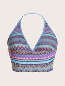 SHEIN ICON 大碼幾何印花掛脖上衣 - 淺藍色 - 查看 2