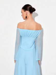 Blanca Barcina 一字肩胸部褶皺喇叭袖不對稱下擺上衣 - 淺藍色 - 查看 2