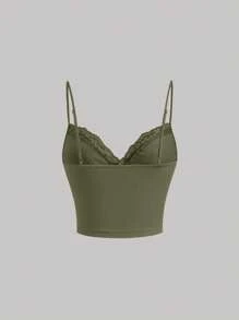 SHEIN MOD Contrast Lace Cami Top - Army Green - View 2