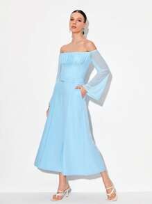 Blanca Barcina 一字肩胸部褶皺喇叭袖不對稱下擺上衣 - 淺藍色 - 查看 4