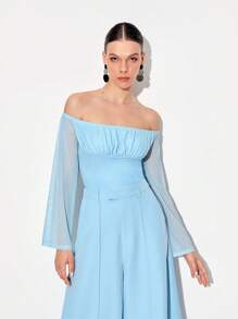 Blanca Barcina 一字肩胸部褶皺喇叭袖不對稱下擺上衣 - 淺藍色 - 查看 5