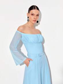 Blanca Barcina 一字肩胸部褶皺喇叭袖不對稱下擺上衣 - 淺藍色 - 查看 6