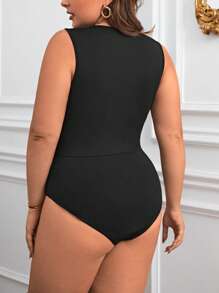 SHEIN Privé Plus Geo Pattern Mesh Tank Bodysuit - Black - View 2