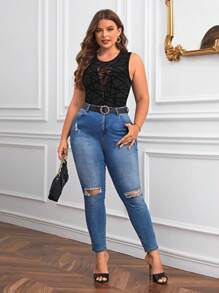 SHEIN Privé Plus Geo Pattern Mesh Tank Bodysuit - Black - View 6