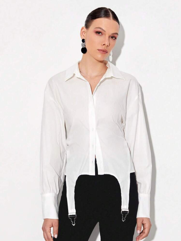 ipc เสื้อเชิ้ต สีพื้น กระดุมด้านหน้า ชายเสื้อไม่สมมาตร - สีขาว - ดู 1