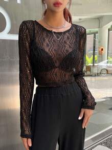 DAZY 素色透視網紗上衣不附文胸 - 黑色 - 查看 1