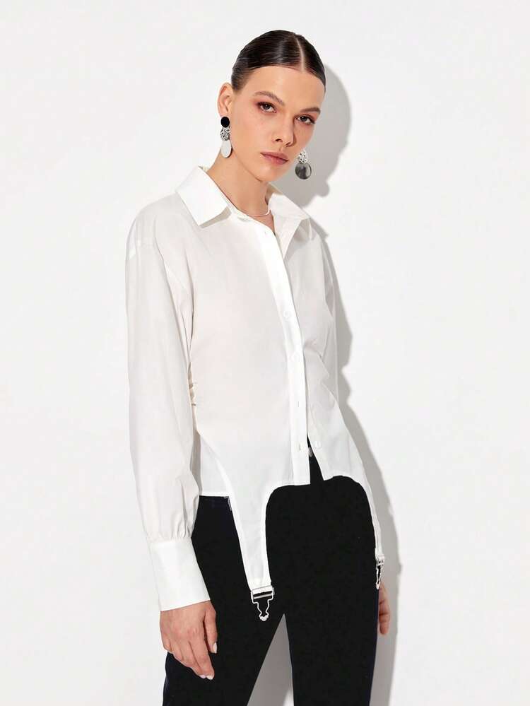 ipc เสื้อเชิ้ต สีพื้น กระดุมด้านหน้า ชายเสื้อไม่สมมาตร - สีขาว - ดู 3