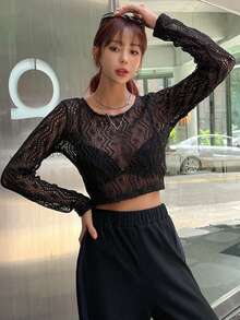 DAZY 素色透視網紗上衣不附文胸 - 黑色 - 查看 3