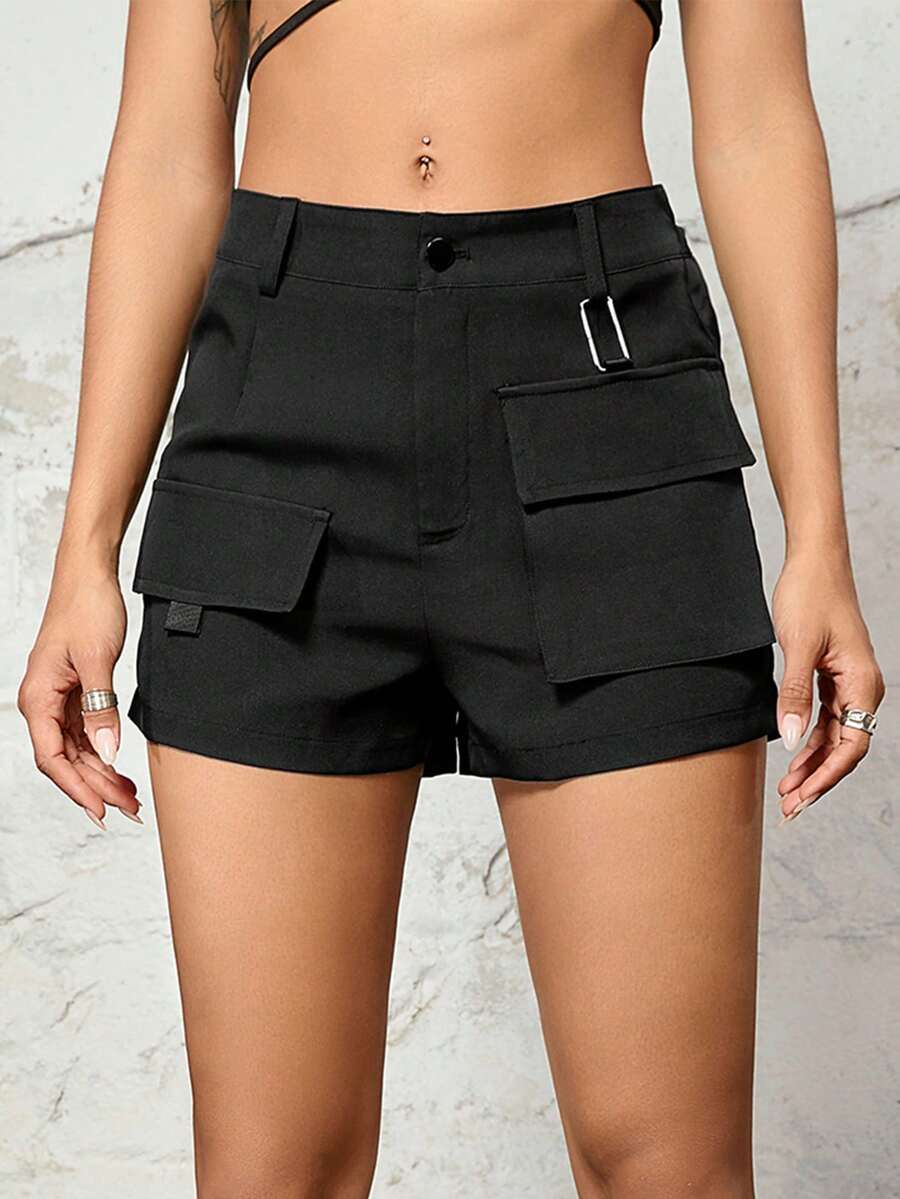 素色翻蓋口袋工裝短褲 - 黑色 - 查看 1
