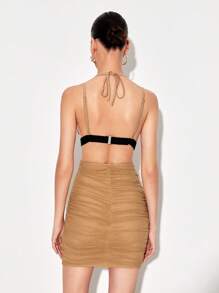 ipc Tie Backless Ruched Mesh Overlay Bodycon Dress - Camel - View 2