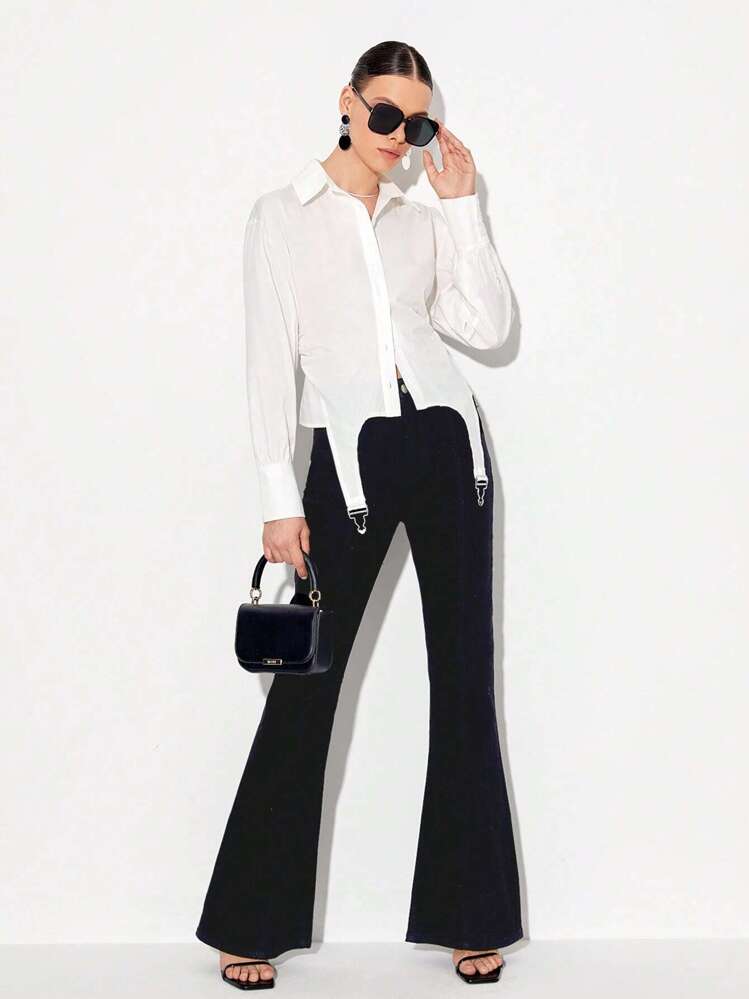 ipc เสื้อเชิ้ต สีพื้น กระดุมด้านหน้า ชายเสื้อไม่สมมาตร - สีขาว - ดู 5