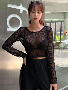 DAZY 素色透視網紗上衣不附文胸 - 黑色 - 查看 4