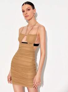 ipc Tie Backless Ruched Mesh Overlay Bodycon Dress - Camel - View 3