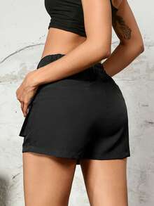 素色翻蓋口袋工裝短褲 - 黑色 - 查看 2