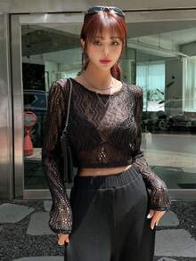 DAZY 素色透視網紗上衣不附文胸 - 黑色 - 查看 5