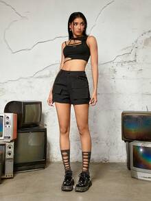 素色翻蓋口袋工裝短褲 - 黑色 - 查看 4