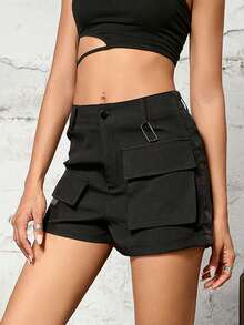 素色翻蓋口袋工裝短褲 - 黑色 - 查看 5